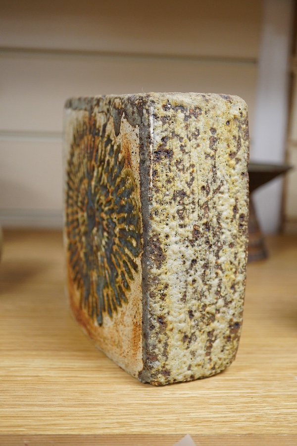 Alan Wallwork (1931-2012), textured studio pottery slab built vase, incised ‘W’ to the base, 16cm high
